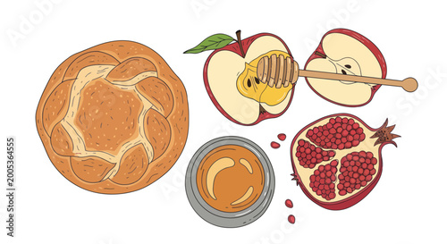 Canvastavla Rosh Hashanah symbols: Challah, apple, pomegranate, honey - traditional Jewish N