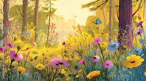 Cheerful cartoon summer meadow in sunny forest clearing with vibrant wildflowers and butterflies, playful illustration style perfect for children education and nature exploration concept