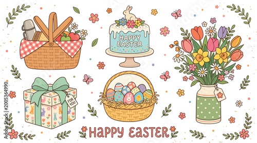 Charming collection of hand-drawn Easter and spring illustrations featuring a picnic basket, cake, eggs, gift box, and flower bouquet with decorative elements