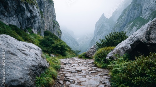 A Serene Pathway Through Majestic Mountains: Explore the Beauty and Tranquility of Nature's Landscape Where Rocky Terrain Meets Lush Greenery