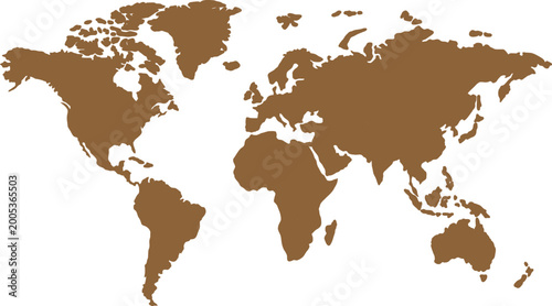 Solid brown world map silhouette on white background
