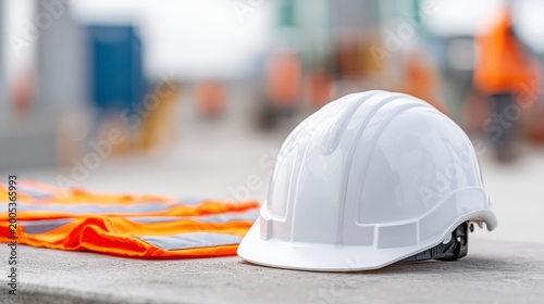 Safety Gear on Construction Site: Hard Hat and High-Visibility Vest Ready for Workers to Ensure Safety and Protection at Work