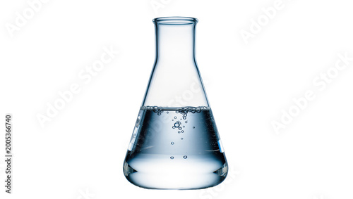 Fényképezés Clear liquid bubbling inside laboratory Erlenmeyer flask