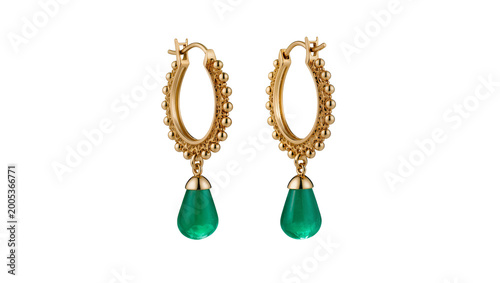Εκτύπωση καμβά Golden Hoop Earrings with Pear-Shaped Green Gemstones