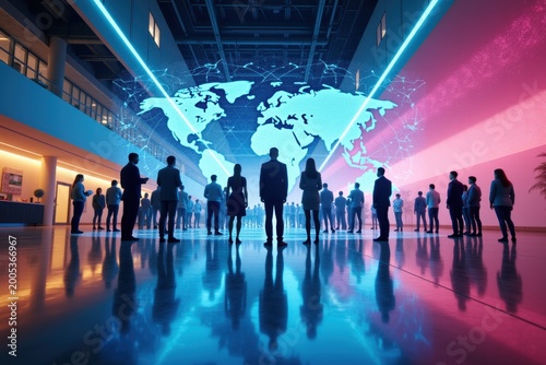 Businesspeople Engaging with Glowing Global Network Projection in Modern Hall