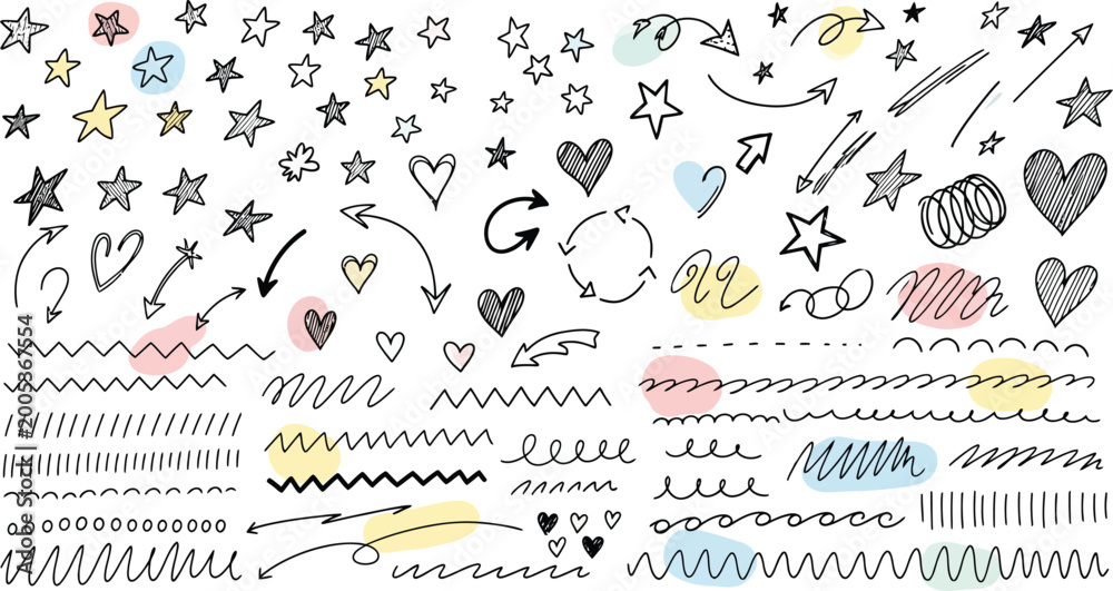 Obraz premium Hand drawn doodle collection stars hearts lines and abstract shapes