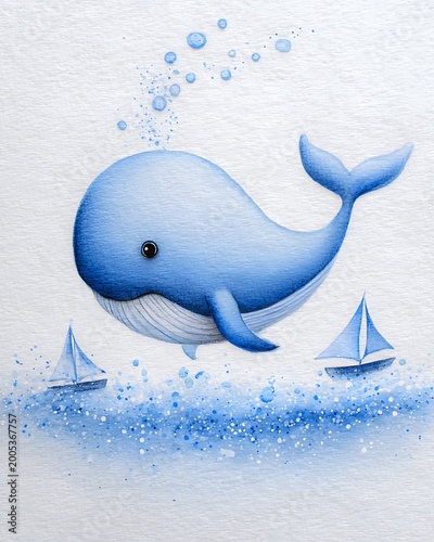 Cute Blue Whale Illustration with Small Sailboats and Water Splashes on Textured Paper.