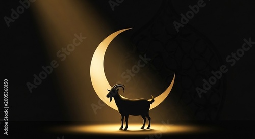 Goat Standing in Front of Golden Crescent Moon