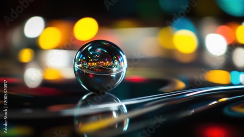 pinball. A silver pinball rolling on a glowing track and impacting a shiny bumper. event key visuals, club posters, designed for sports event promotions and stadium branding.