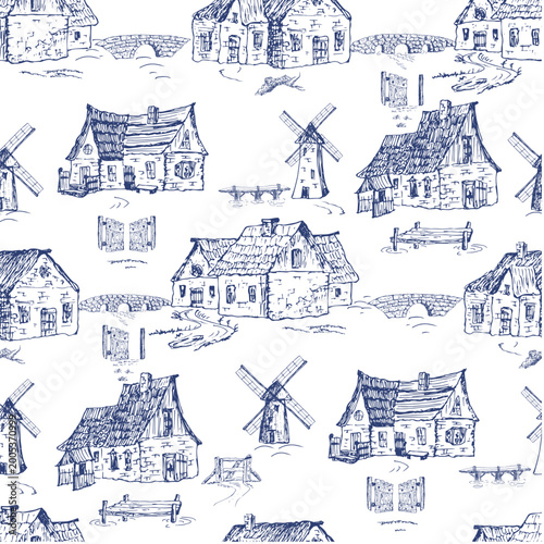 Country house, rural cottage, windmills, bridges, hand drawn blue toile de Jouy pen drawing, wallpaper, textile pattern.