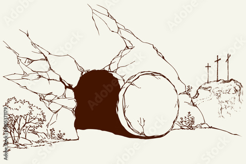 Vector drawing. Old stone cave door