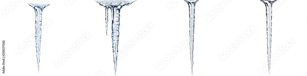 Obraz premium Set of Realistic Hanging Icicles Isolated on White Background. Crystal Clear Frozen Ice Stalactites, Winter Season Elements, Frosty Cold Weather, 3D Render Illustration