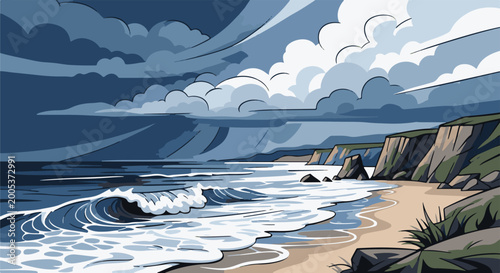 Dramatic stormy sky over crashing waves on a sandy beach with cliffs
