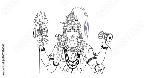 Tableau sur toile Lord Shiva illustration, Hindu deity, meditation, trishul, damaru, snake