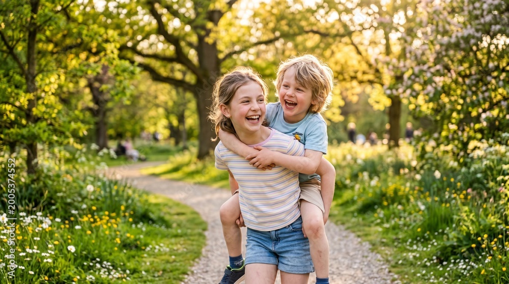 Fototapeta premium Heartwarming portrait of a happy older sister giving her little brother a piggyback ride in a sunny park