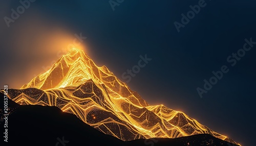 Golden lines illuminating mountain contours in surreal geometric glow against dark sky with electrified ridges symbolizing energy contrast and mystical fusion of nature with light