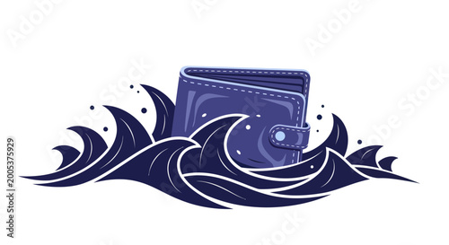 Cuadro en lienzo Wallet drowning in dark blue waves, financial crisis concept illustration