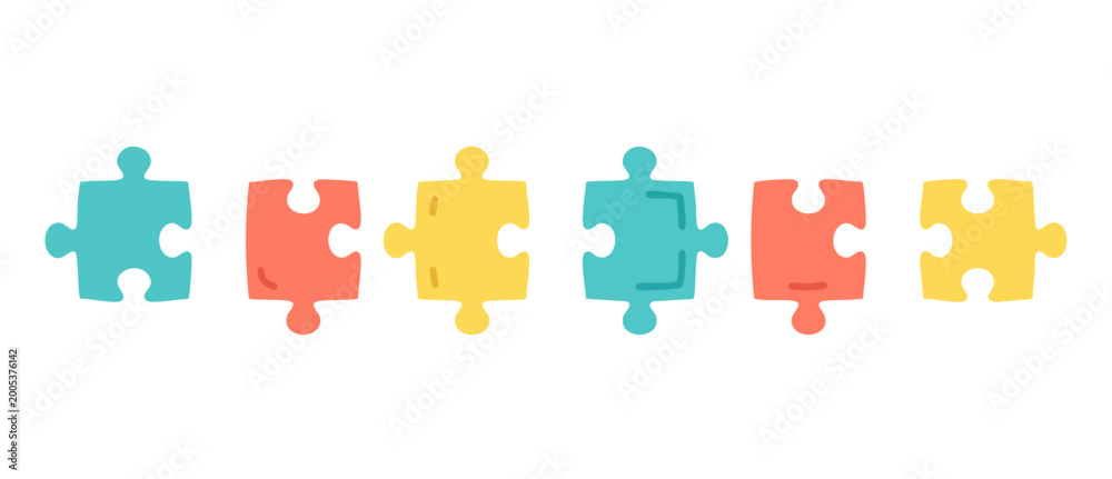 Naklejka premium Colorful Jigsaw Puzzle Pieces Isolated on White Background, Minimalist Flat Vector Icons Set Representing Strategy, Teamwork, Problem Solving, Connection, Logic and Business Idea Development Concepts