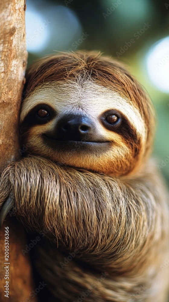 Fototapeta premium A cute sloth, smiling, hugs a tree trunk, providing a soothing backdrop for content on wildlife protection and biodiversity conservation.