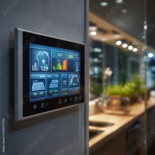 Smart home energy monitor screen displaying live electrical consumption and solar generation statistics with data tracking interface, sustainable technology and residential efficiency management