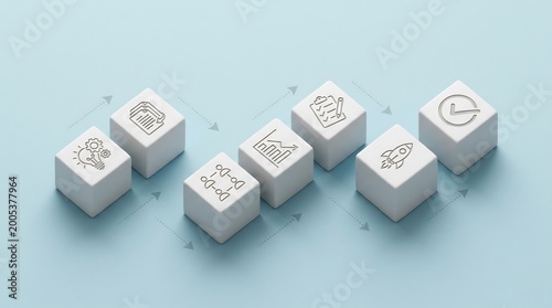 Icons of innovation, research, and rocket launches printed on white cubes arranged in a workflow sequence signify project development phases and business growth milestones for strategy planning.