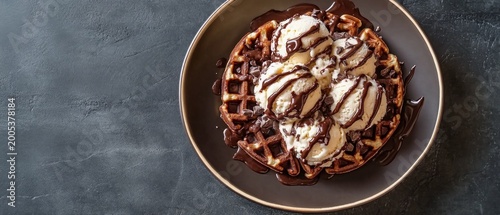 Waffles with ice cream and chocolate on a plate — an appetising backdrop for adverts featuring desserts, cooking or life’s sweet moments.