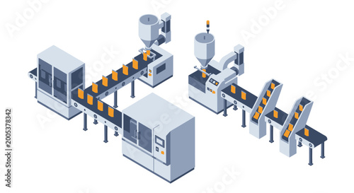 Isometric illustration of a modern automated production line with packaging.