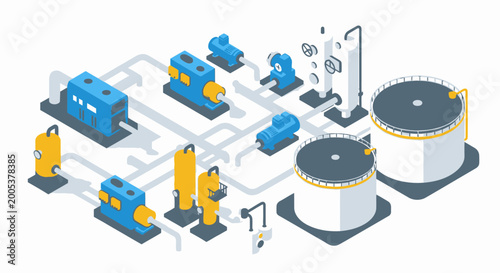 Isometric illustration of a water treatment plant with tanks and pipes.