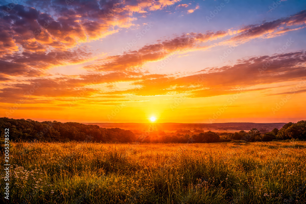 Fototapeta premium Vibrant sunset paints the sky with fiery orange and pink clouds over a golden field