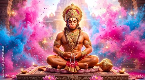 Vibrant Hanuman Statue with Colorful Smoke in Temple Setting