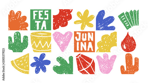 Festa Junina carnival border with crayon icons of summer festival. Music party icons with accordion, bonfire, flower and lantern drawn with bright chalk, vector illustration