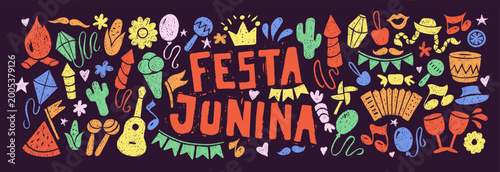 Festa Junina carnival icons with crayon texture. Music party set with accordion, guitar, bonfire, drum and lantern drawn with black chalk, vector illustration