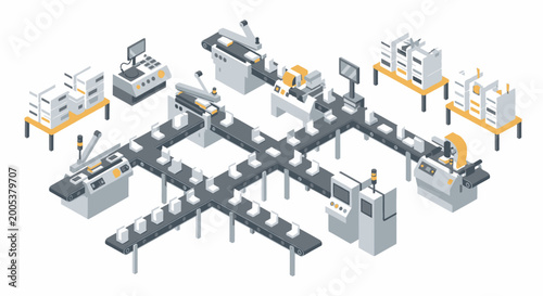 Isometric illustration of an automated manufacturing production line with conveyor belts, robotic arms, and quality control stations.