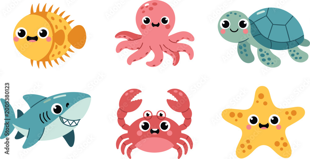 Fototapeta premium Cute sea animal collection vector illustration, featuring shark, turtle, octopus, crab, pufferfish, and starfish, isolated on white background.