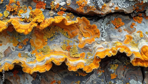 Close up of vibrant orange and yellow fungus growth on tree bark surface