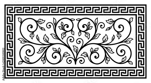 Rectangular decorative panel with Greek key border and central floral scroll motif