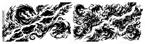 Asian dragon silhouette with swirling smoke and fire in traditional tattoo style