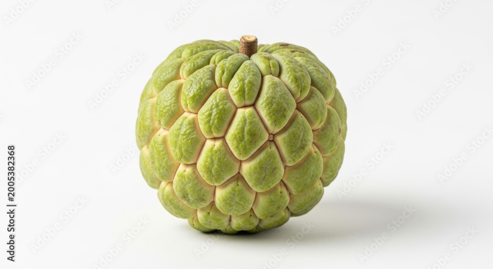 Fototapeta premium Fresh Cherimoya Fruit with Textured, Green Skin, Showcasing Its Unique Scale-like Appearance on A Clean White Concept Delicious Food