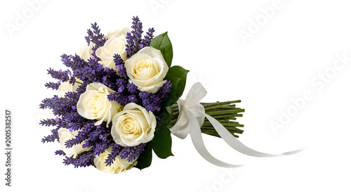 A beautiful bouquet of white roses and purple lavender with a white ribbon on a transparent background