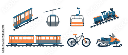 Obraz na plátně Transportation set icons: funicular, cable car, chairlift, steam train, passenge