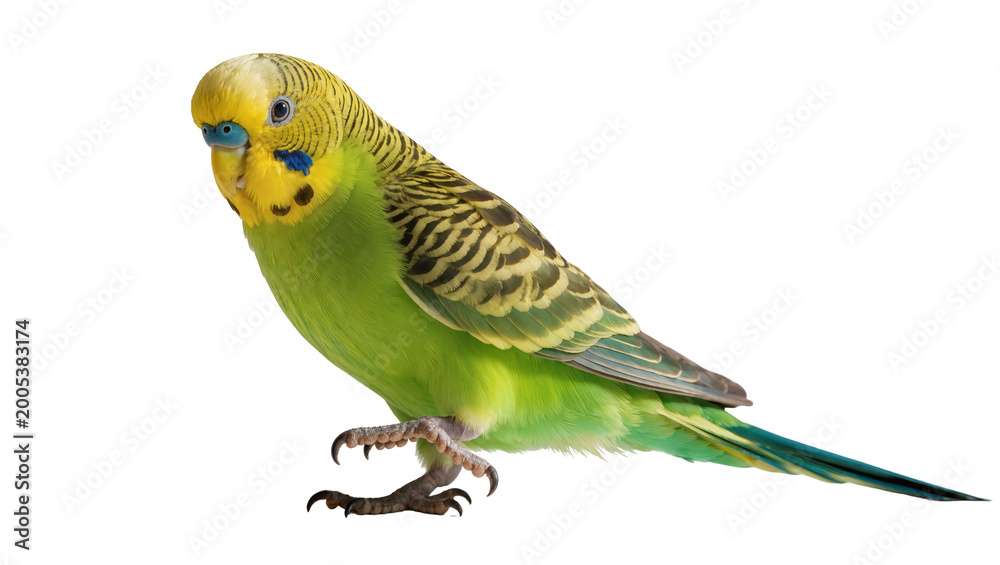 Fototapeta premium Green yellow striped Budgerigar Parrot with blue head and beak