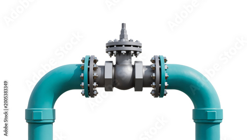 Photography Turquoise Metal Pipe with Valve and Flanges