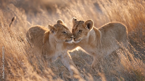 tussle. Two lion cubs playfully tussling on sunlit African savanna grass. wildlife magazines, conservation campaigns, designed for wildlife conservation campaigns, used by sports marketers.