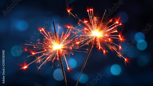 Bright sparklers glowing with blue bokeh on a dark background