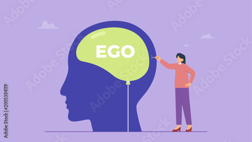 Принти на полотні Woman piercing a balloon with the word ego on it