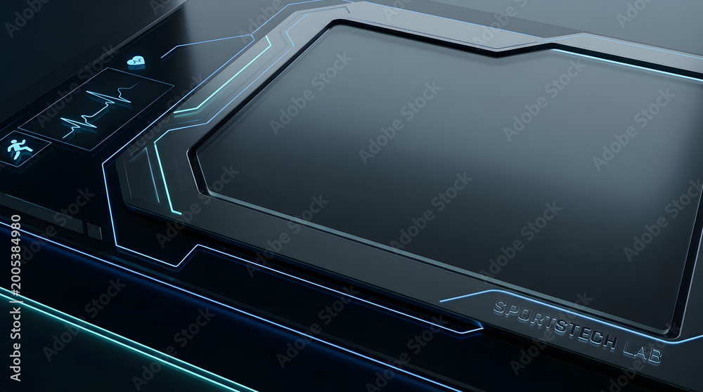 Fototapeta premium Futuristic high-tech treadmill with a sleek, modern design, showcasing digital health monitoring and advanced training features for an elite fitness experience