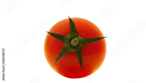 Фотография Ripe Red Tomato with Green Stem and Leafy Calyx