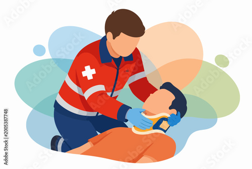 Konstfotografi Paramedic Applying Cervical Collar to Injured Patient Illustration