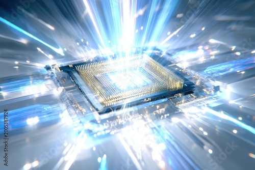 Microchip processing data with glowing blue energy streams