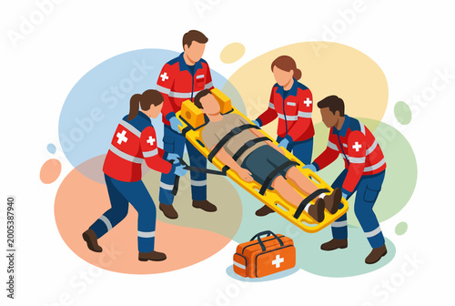 Tableau sur toile Paramedics team carrying injured man on stretcher for emergency care